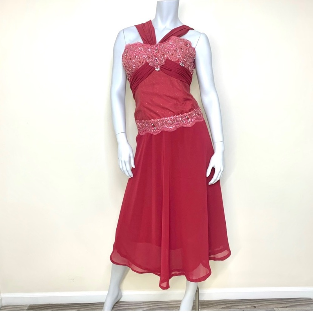 Cameron Blake Wine Formal Tea Length Beaded Dress - Picture 1 of 8